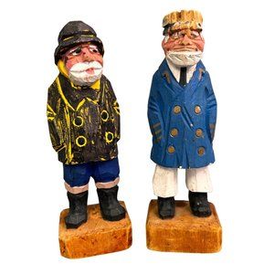 Vintage Folk Art Down East Crafts Wooden Carved Fisherman Figurine Pair Captain